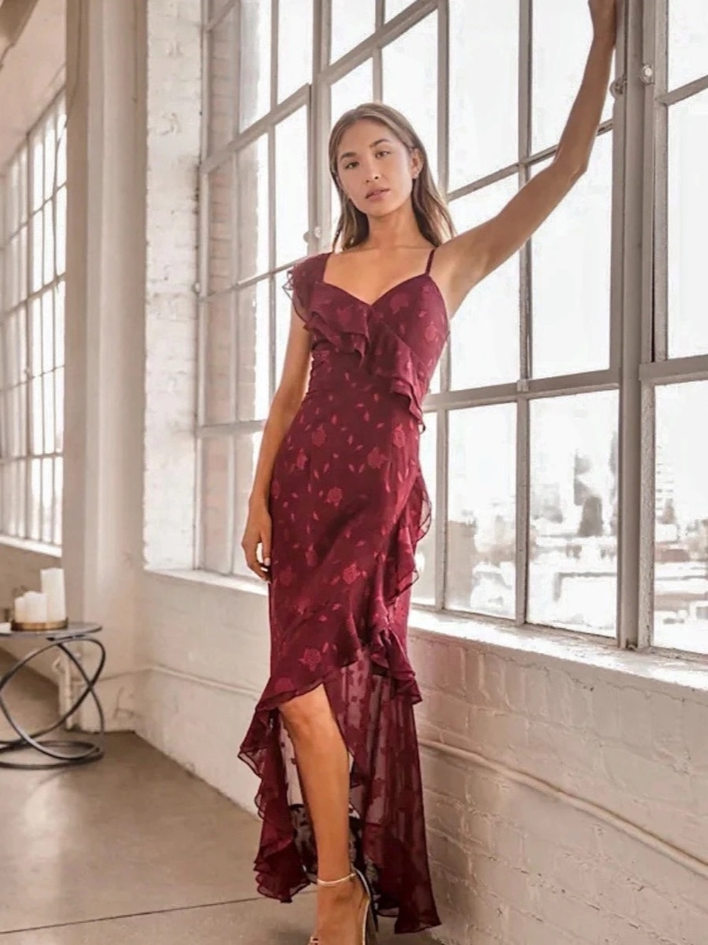 Lulus Forever Be Burgundy Floral Jacquard Ruffled Maxi Dress